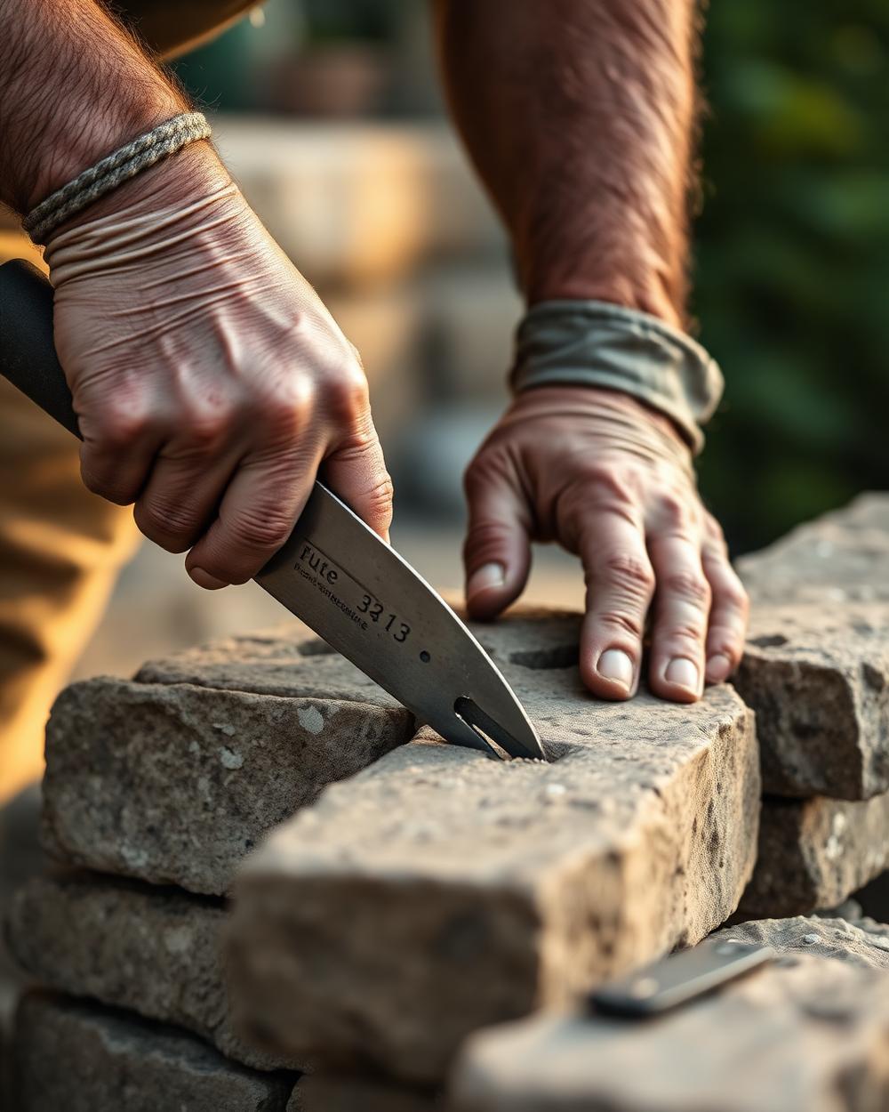 Handwerker beim Setzen einer Natursteinmauer